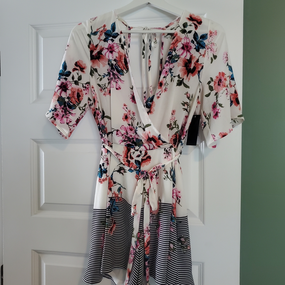 Floral Romper with Striped Hem